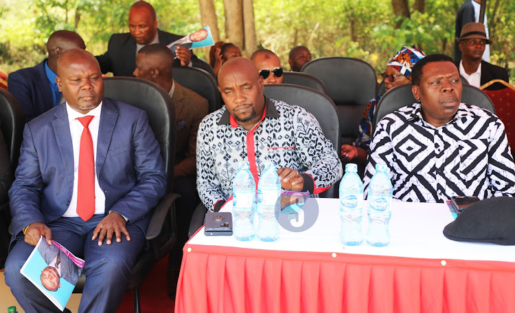 Kitui Deputy Governor Augustine Kanani, Kitui Senaror Enoch Wambua and former CS Eugene Wamalwa during burial service for the late Gabriel Wambua, brother to Makau Mutua at St Patrick’s Catholic grounds Mutuni in Changwithya East, Kitui Central on February 21.