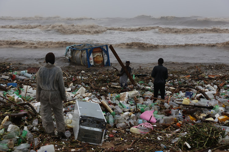 Debris and rubbish washed up on a beach in Durban during the KwaZulu-Natal floods.