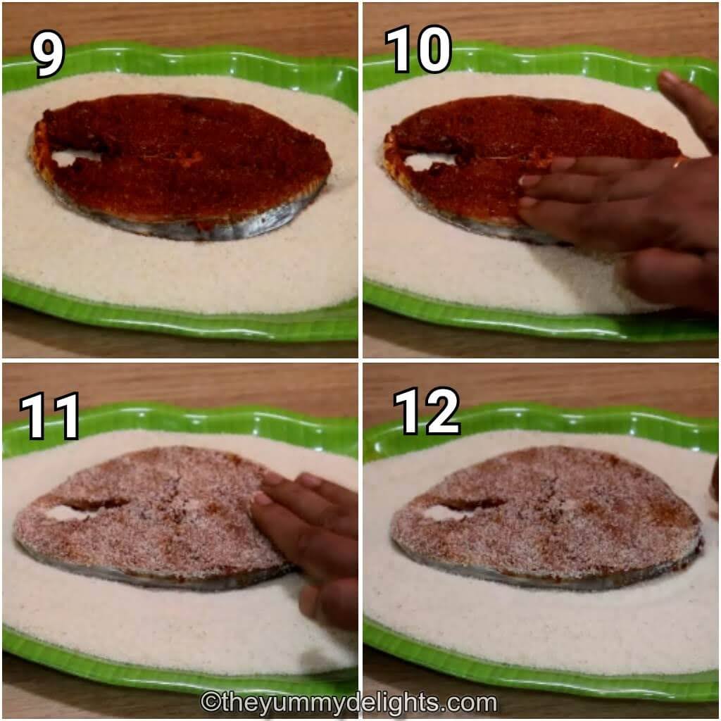 step by step image of coating the marinated fish in rava to make fish fry