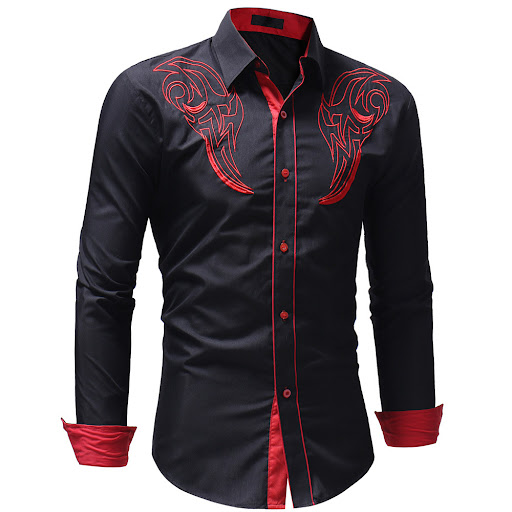 Title 6, Casual Embroidery Printed Long Lapel Mens Shir...