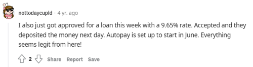 Person explaining on Reddit forum that they just got approved for a LightStream personal loan and set up autopay. 