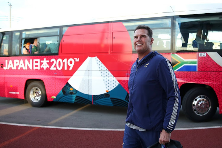 South Africa head coach Rassie Erasmus arrives at a South Africa training session on October 30, 2019 at Arcs Urayasu Park in Chiba, Tokyo, Japan.