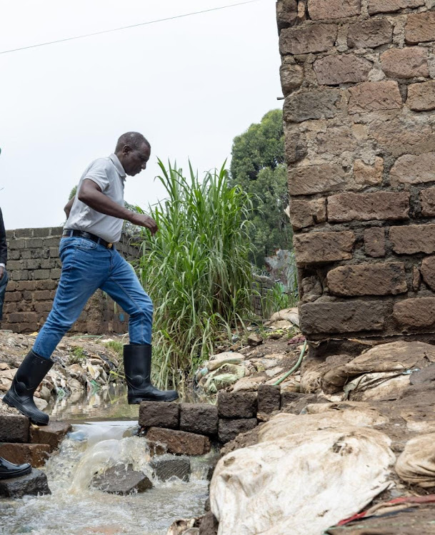 President William Ruto visits in Kiamaiko to assess the flood situation on April 6, 2024.