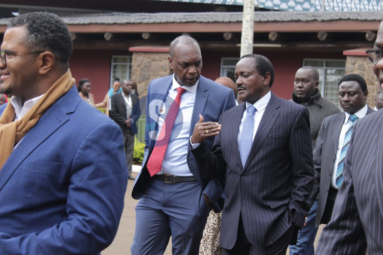 Wiper Party leader Kalonzo Musyoka and Former Ndaragwa MP Jeremiah Kioni at the Bomas of Kenya for the Bipartisan talks on August 9, 2023.