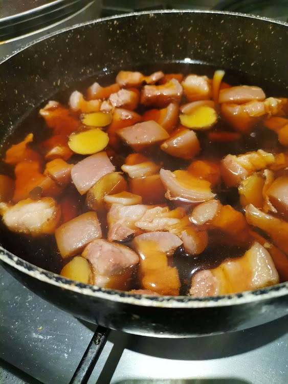 Cooked pork belly ready to be simmered in soy, mirin, and sake. (See full recipe below)