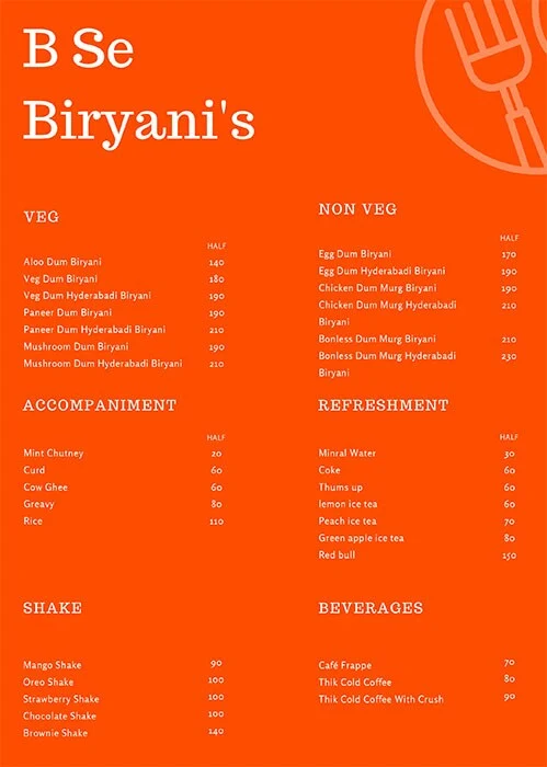 B Se Biryani's menu 