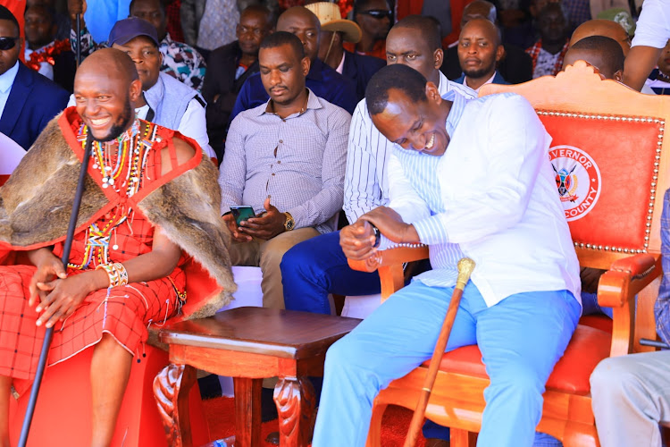 Media Personality Stephen with Narok Governor Patrick Ole Ntutu during his Thanksgiving ceremony at Enooretet Village in Narok County on October 13, 2023.