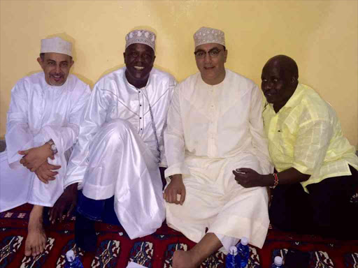 Suleiman Shahbal, Kilifi North MP Gideon Mung'aro, Tourism CS Najib Balala and Galole MP Hassan Dukicha at Madrasatul Madina in Kilifi South on June 10.