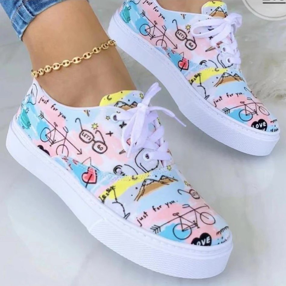 Sapatilhas femininas de lona com cadarço, estampadas, para caminhada e moda, confortáveis e estilosas.