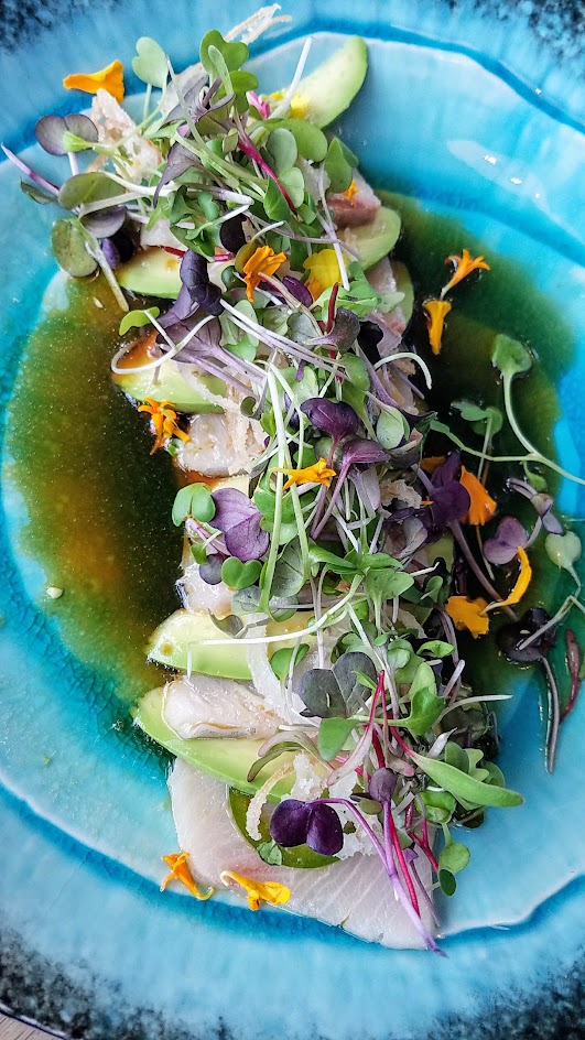 Hamachi Jalapeno Sashimi from Afuri, with yellowtail, avocado, jalapeno, housemade yuzukosho vinaigrette, micro greens, and fried shallots