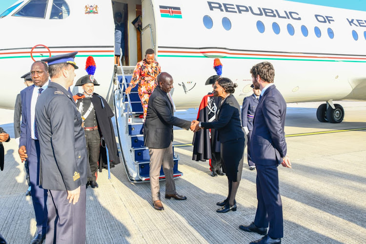 President William Ruto and First Lady Rachel Ruto arrive in Rome for the Italy-Africa Summit on January 28, 2024