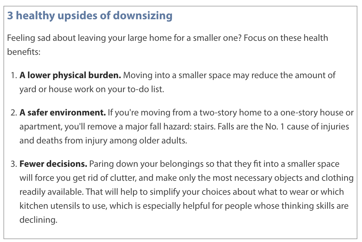 Infographic showing three upsides of downsizing your home.