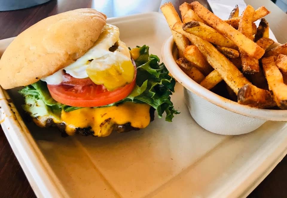 Farm-fresh Wells Burger with a local bakery GF bun and house-cut fries.