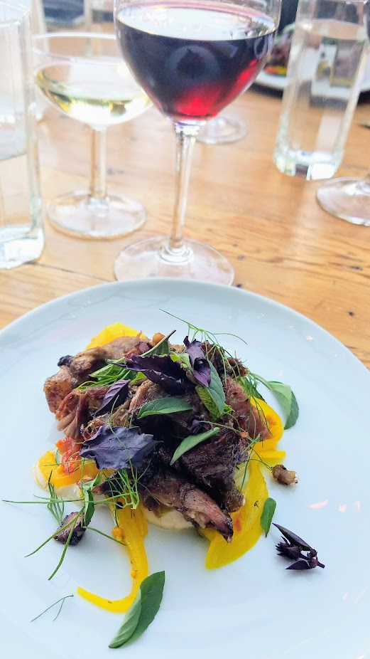 Chefs Week PDX Heritage dinner 2017, at Han Oak: Doug Adams, Bullard presented BBQ Lamb Neck and Cucumber Salad, Bread and Butter Onions, Yogurt, Basil