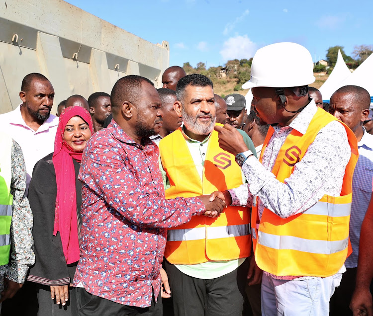 Jomvu MP Badi Twalib, Mombasa Governor Abdulswamad Nassir and Trade Cabinet Secretary Moses Kiuria during the groundbreaking ceremony of the construction of Mombasa County Aggregation and Industrial Park in Bonje in Jomvu Mombasa.