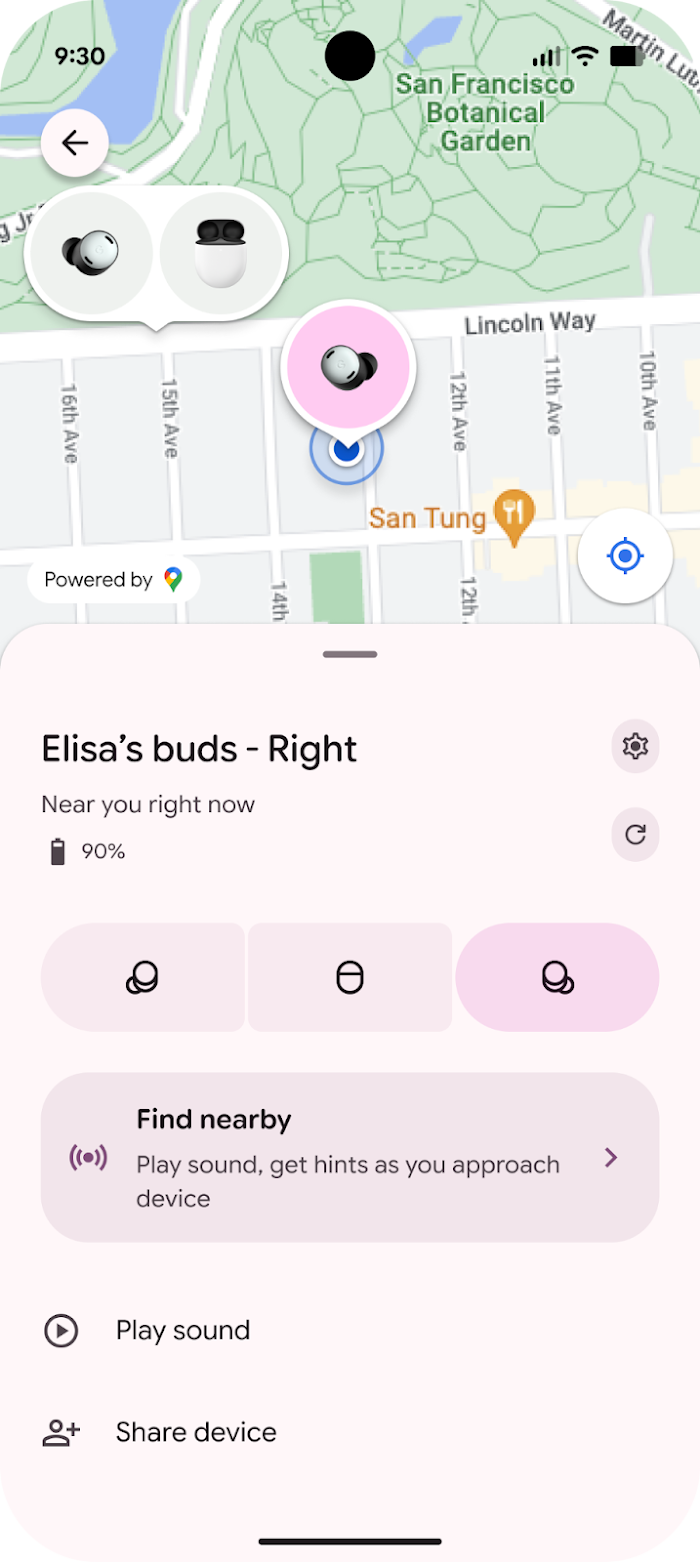 The Find Hub app interface showing the location of the desired earbud to find