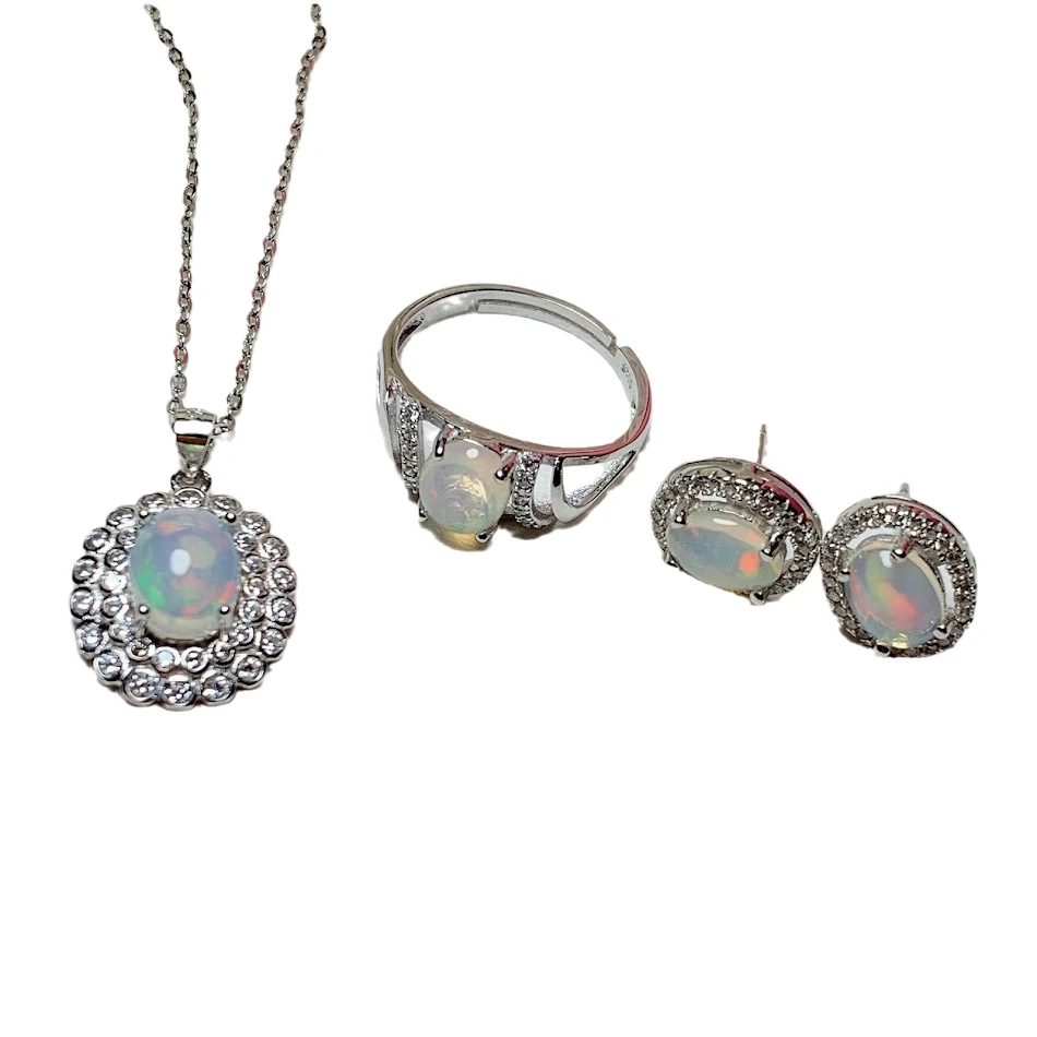 Joias de Gemas Coloridas Prata 925 com Opala Incrustada Elegância Simples e Moderna Conjunto de Moda Perfeito para um Visual Sofisticado