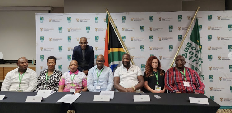 BSA chairman Luthando Jack (fourth from left) with new NEC of the National Promoters Association (from left) Phathutshedzo Dongola, Zandile Malinga, Lebo Mahoko, Ayanda Matiti, Janie Hebler and Khaya Majeke. Standing is BSA acting CEO Nsikayezwe Sithole.