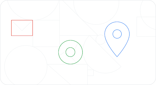 A geometric design with a red envelope icon, a green circle, and a blue map pin icon, with faint abstract shapes in the background