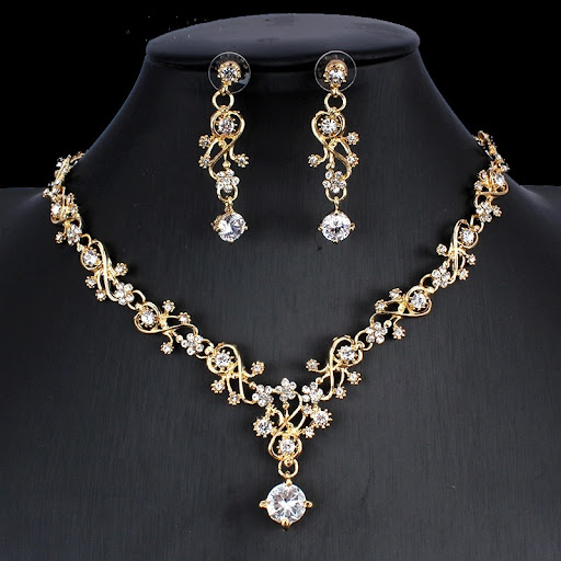 Title 1, Golden Zircon Jewelry Set Bridal Necklace Earri...