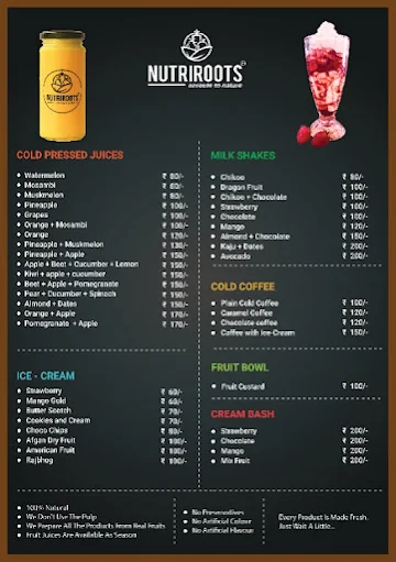 Nutriroots Juice Centre menu 