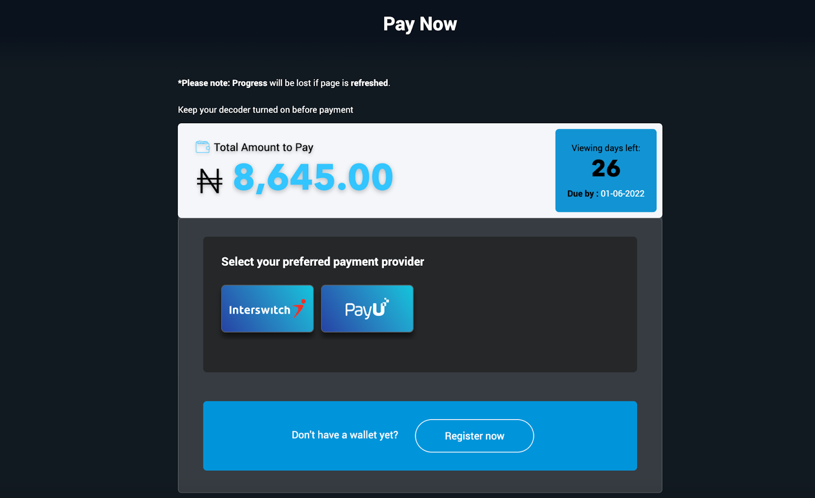 Screenshot of payment providers, Interswitch and PayU on DStv