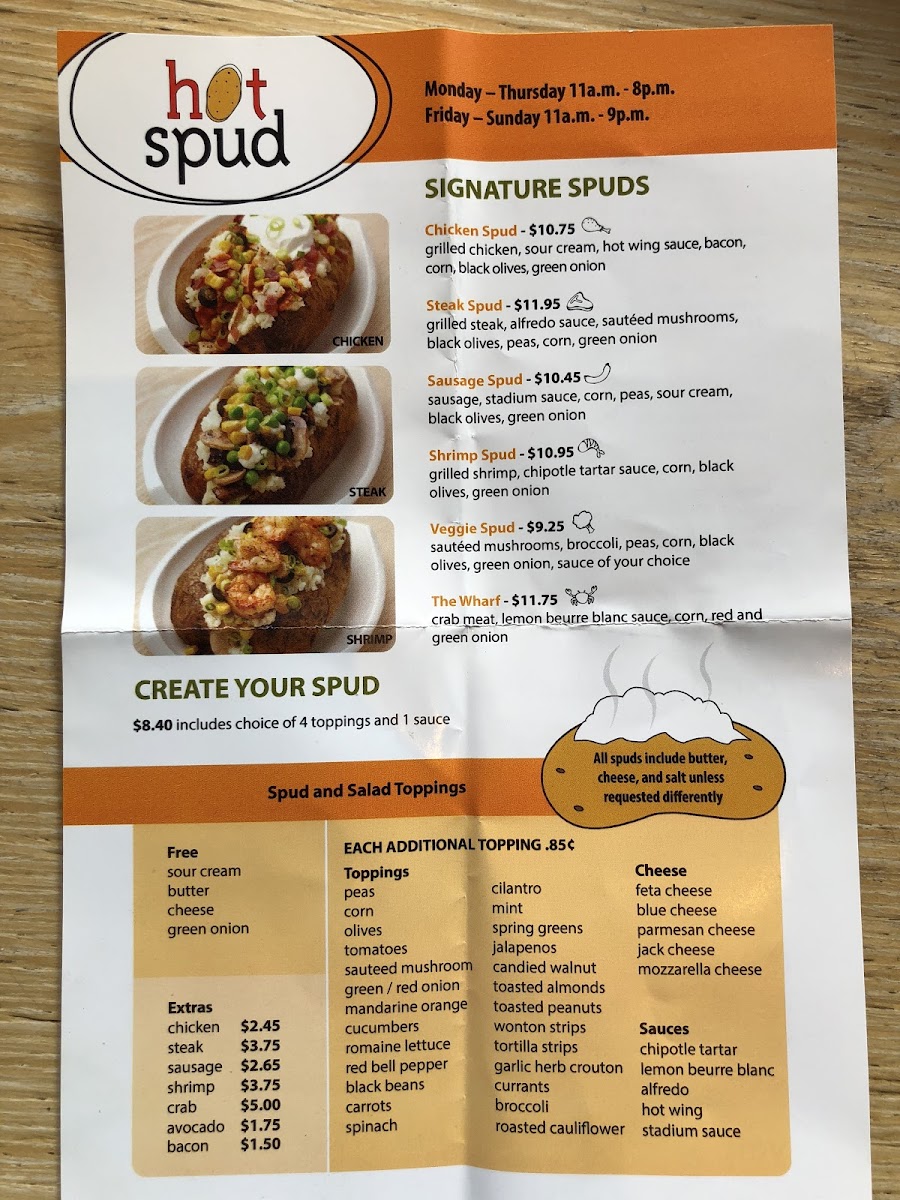 Hot Spud gluten-free menu