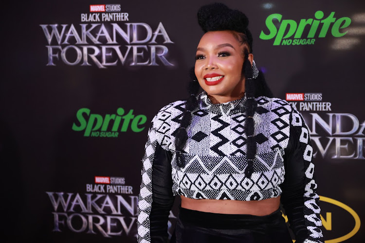 Actress and TV presenter Thembisa Mdoda-Nxumalo at the premiere of Marvel Studios Black Panther: Wakanda Forever at Ster Kinekor, The Zone Rosebank Mall in Johannesburg.