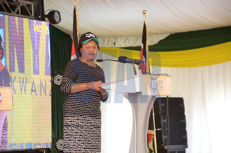 Kirinyaga Governor Anne Waiguru during the signing of MOU agreement with Kenya kwanza Alliance at Ngong Racecourse, Nairobi on April 12 2022.