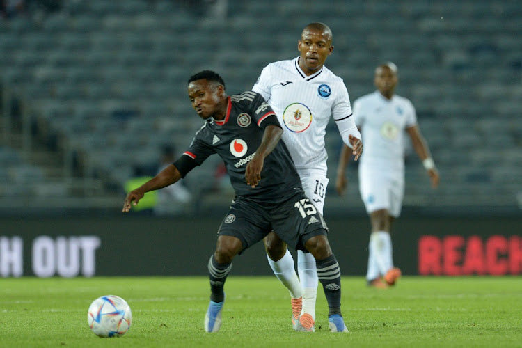 Phillip Ndlondlo of Orlando Pirates shields the ball during the DStv Premiership 2022/23 match between Orlando Pirates and Richards Bay held at Orlando Stadium in Johannesburg on 8 October 2022.