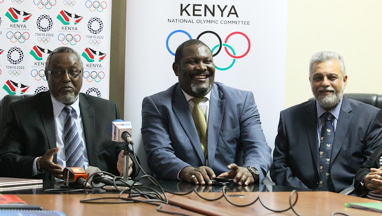 From left: National Olympic Committee of Kenya's vice president Waithaka Kioni, members Shadrack Maluki and Shoaib Vayani addressing the media on November 4 in Nairobi.