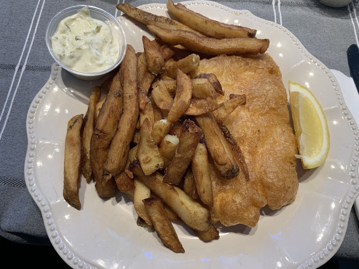 GF halibut, fries and tartar sauce.