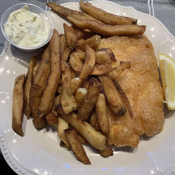 GF halibut, fries and tartar sauce.