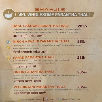 Shahji's Parantha House menu 