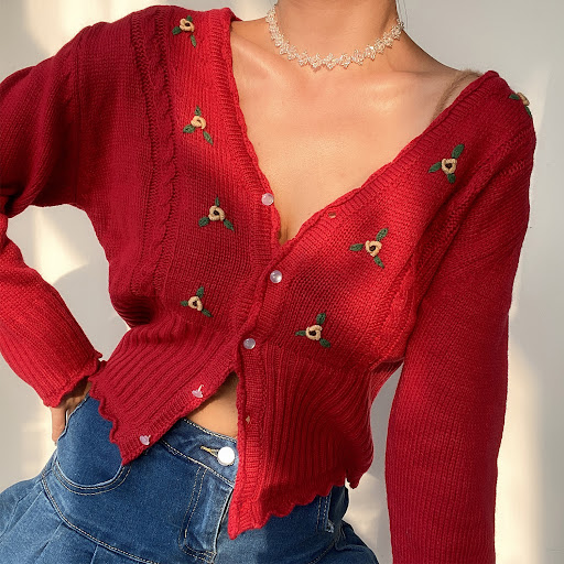 Title 5, Retro French V-neck Cute Wooden Ears Crochet-br...