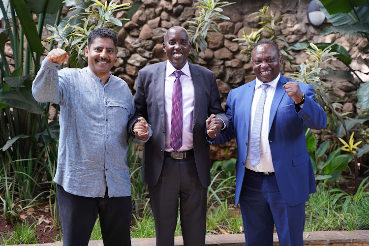 Businessman Abdulwalli Shariff Ahmed with Kajiado Governor Joseph Lenku and outgoing KNCCI president Richard Ngatia in Nairobi on June 1, 2023