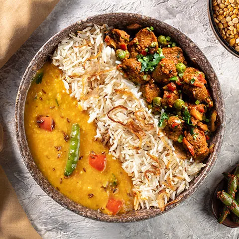 Yellow Dal Tadka, Soya Masala Sabzi & Jeera Pulao