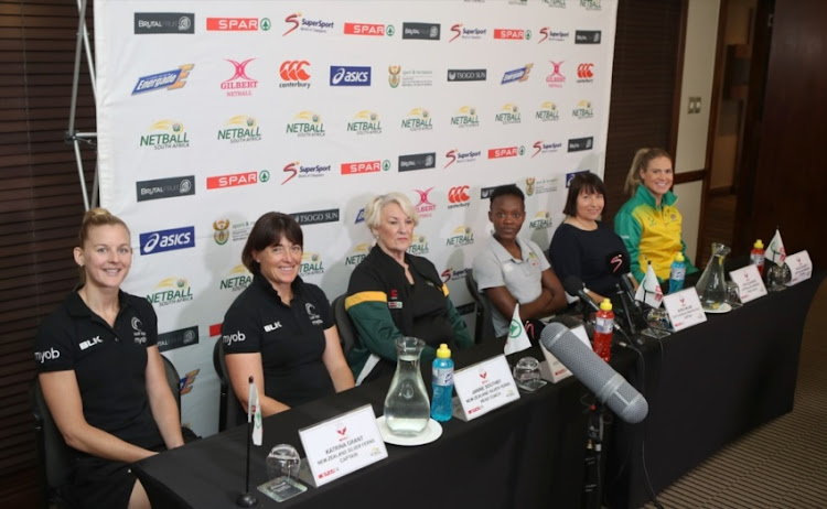 Katrina Grant (Silver Ferns captain), Janine Southby (Silver Ferns coach), Norma Plummer (Spar Proteas coach), Bongi Msomi (Spar Proteas captain), Lisa Alexander (Diamonds coach) and Caitlin Bassett (Diamonds captain) during the Netball Quad Series media conference at Montecasino on January 24, 2018 in Johannesburg,