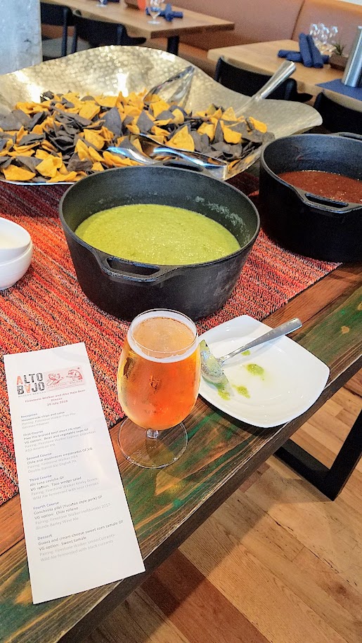 Firestone Walker and Alto Bajo Beer Dinner, reception with Firestone Walker Pivo Pils, a German Pilsener, with Alto Bajo's housemade chips and salsa roja and salsa verde