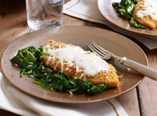 Crispy Mozzarella Chicken with Garlic Spinach