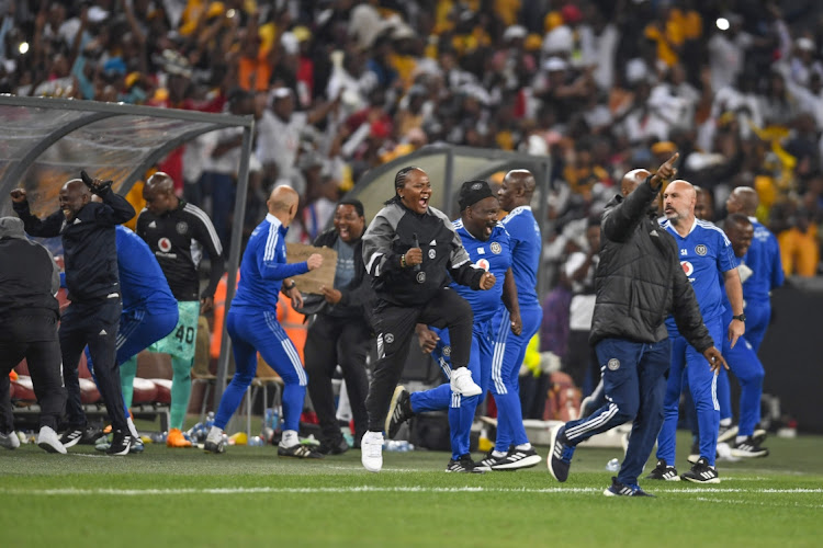 Orlando Pirates coaches and players celebrates during the Nedbank Cup semi final match between Kaizer Chiefs and Orlando Pirates at FNB Stadium on May 6 2023 in Johannesburg. Picture: LEFT SHIVAMBU/GALLO IMAGES