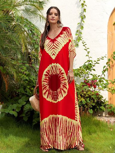 Title 3, Rayon Printed V-neck Long Skirt Holiday Dress