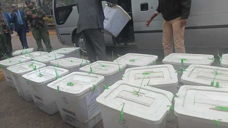 Ballot boxes from Mombasa being offloaded at the Supreme Court for scrutiny as per the court's orders on Wednesday August 31, 2022.