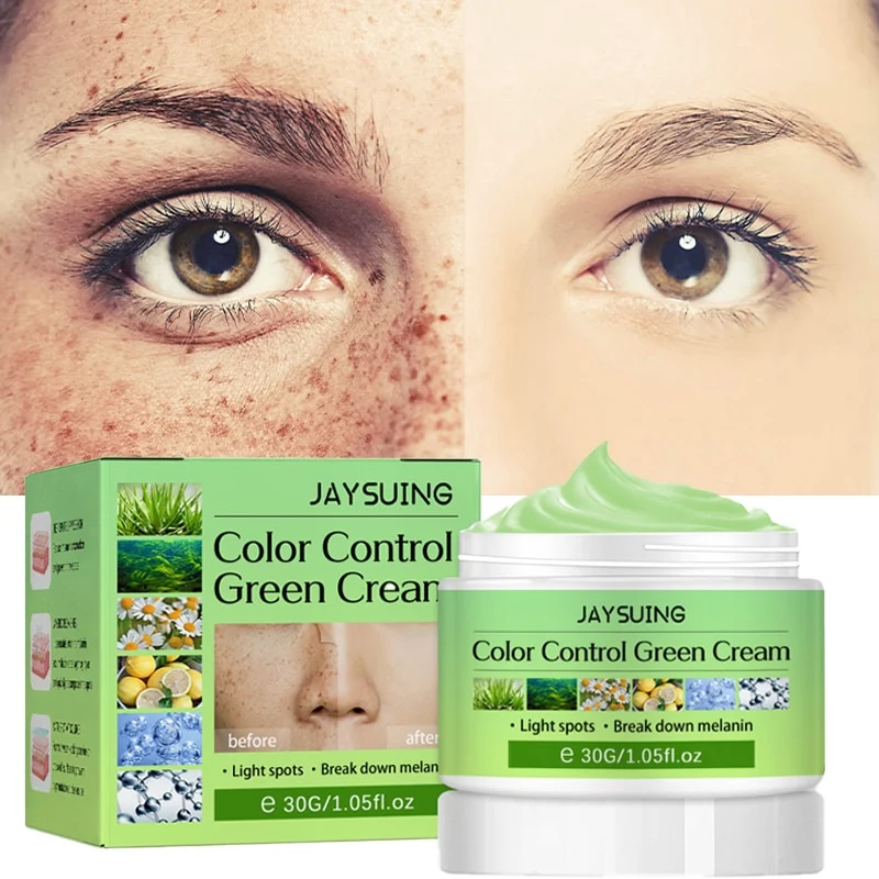 Crème Verte Éclaircissante pour Taches et Taches de Rousseur Décompose les Pigments pour un Teint Uniforme et Lumineux.
