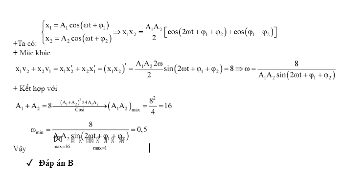 Hai chất điểm dao động điều hòa trên hai đường thẳng song song gần kề nhau có vị trí cân bằng nằm trên cùng một đường thẳng vuông góc với quỹ đạo của chúng và có cùng tần số góc ω, biên độ lần lượt là Biết cm. Tại một thời điểm vật 1 và vật 2 có li độ và vận tốc lần lượt là và thỏa mãn cm2/s. Giá trị nhỏ nhất của ω là