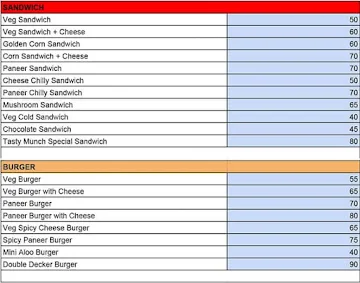 Tasty Munch menu 