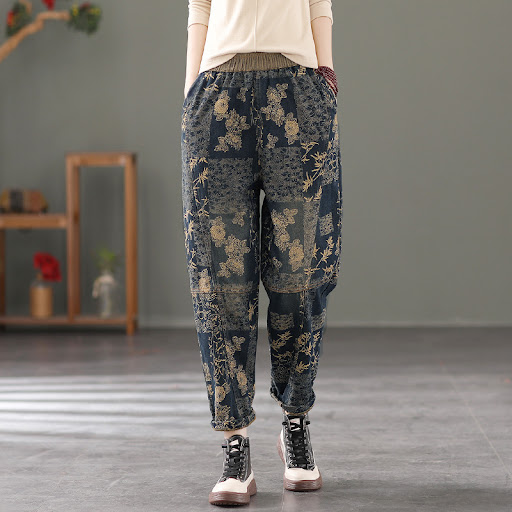 Title 14, Womens Vintage Print Fleece Thickened Harem Je...