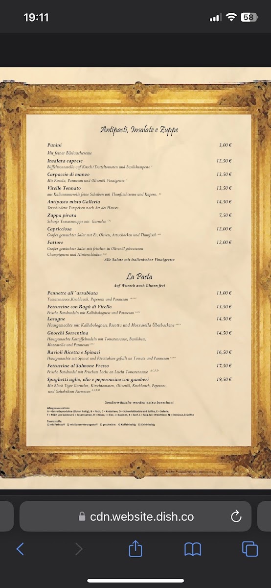 La Galleria Trattoria gluten-free menu