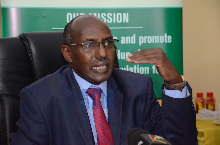 AFA acting director general Kello Harsama during a press conference on the status of implementation of the Irish Potato business regulations at their Headquarters Nairobi on March 25, 2021.