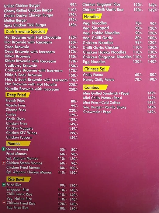 The Dark Brownie Cafe menu 